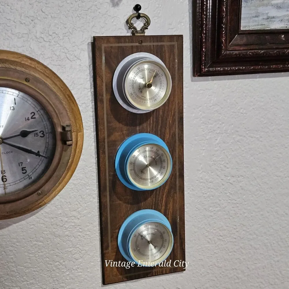 Vtg Wall Weather Station Wood Panel Barometer Thermometer Hygrometer In/outdoor